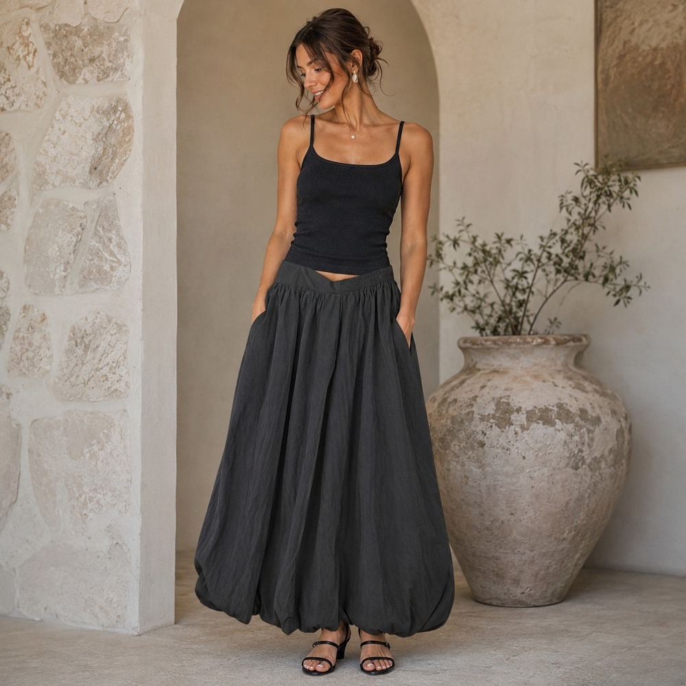 Elleven Black Bubble Hem Maxi Skirt Size Large Elastic Waist Legenlook